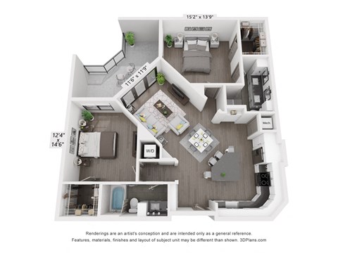 Floor plan for 2 beds, 2 baths, 1369 sqft